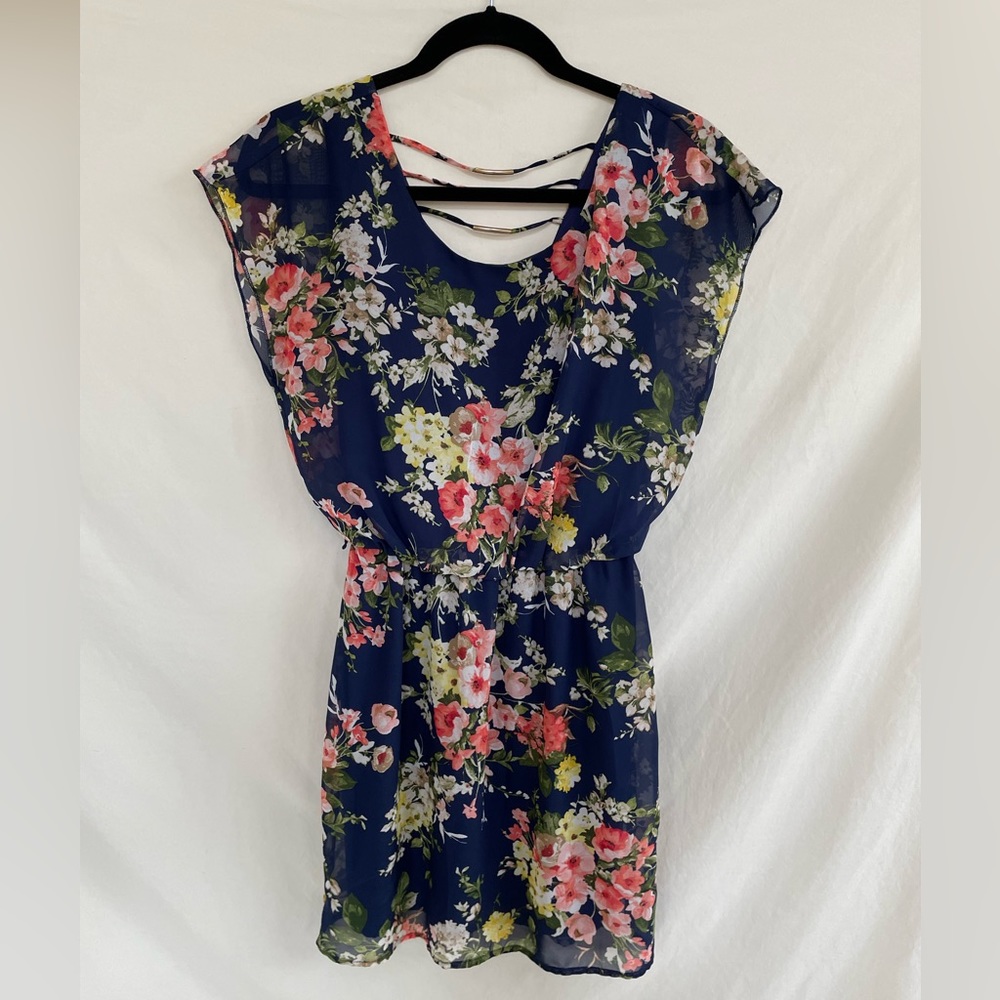 City Triangle Blue Dress with pink and yellow floral pattern small